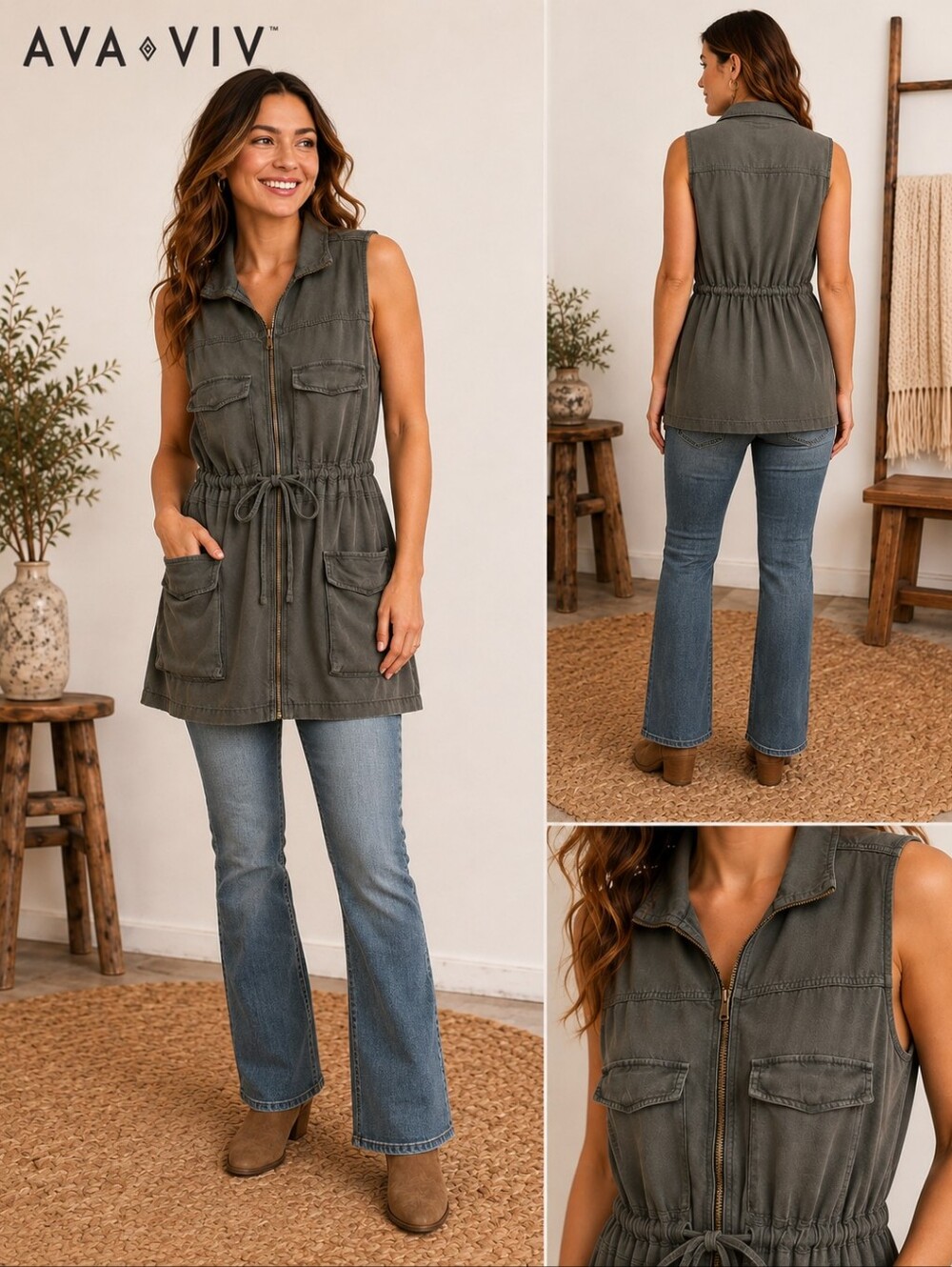Ava & Viv Utility Vest Olive Gray Zip Front Drawstring Cargo Pockets Size XL
